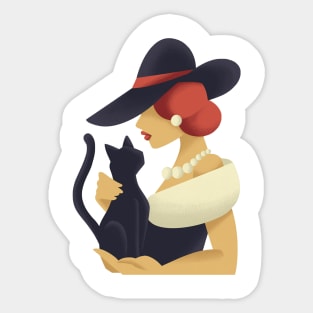 Woman with black cat Sticker